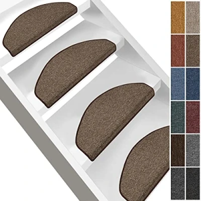 Image of FLODI. Carpet Stair Treads Non Slip, London, Set of 15 Pieces, Step Mats Self Adhesive Staircase Runner Pads (Light Brown, Semicircular 23 x 65 cm)