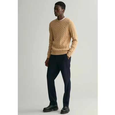 Image of GANT Men&#039;s Cotton Cable C Neck Pullover Sweater, Khaki Mel, L