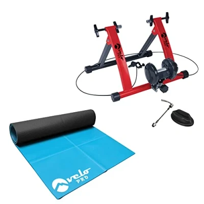 Image of Velo Pro Turbo Trainer and Exercise Mat Bundle Variable Resistance Magnetic Indoor Bike for Road &amp; Mountain Bicycles Stationary Stand Real Feel 26&quot; 28&quot; Wheels Red