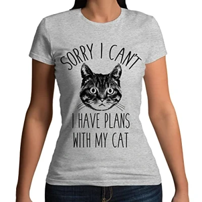 Image of Sorry I Cant Have Plans with My Cat Funny Slogan Womens T Shirt Heather Grey UK 10 12 (L)