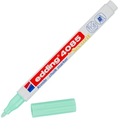 Image of edding 4085 chalk marker pastel green 1 pen round nib 2 mm fine wet wipe for chalkboards, windows, glass, mirrors liquid pens opaque coverage