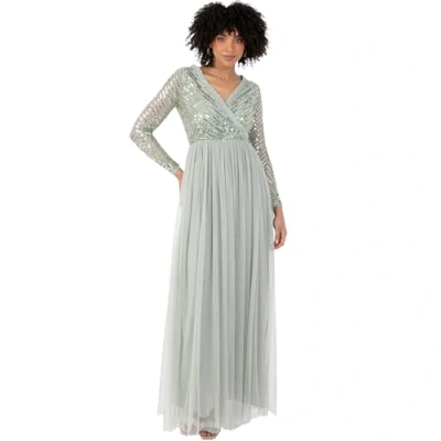 Image of Maya Deluxe Womens Maxi Ladies Embellished Wrap Tulle Frilly V Neck Long Sleeve for Wedding Guest Bridesmaid Prom Ball Gown Dress, Green Lily, 20 UK