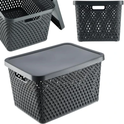 Image of KADAX Storage Basket, Basket with Lid, Box, Plastic Modern Shelf Container Ventilation Holes (18 L, Grey)