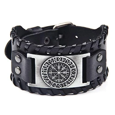 Image of Black Leather Bracelet Viking Vegvisir Campass Nordic Runes Wristband Bangle for Men
