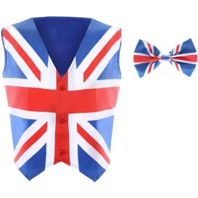 Image of Union Jack Waistcoat and Bowtie Large with Print Matching King&#039;s Coronation, VE Day, Jubilee, Britain Fancy Dress Costume