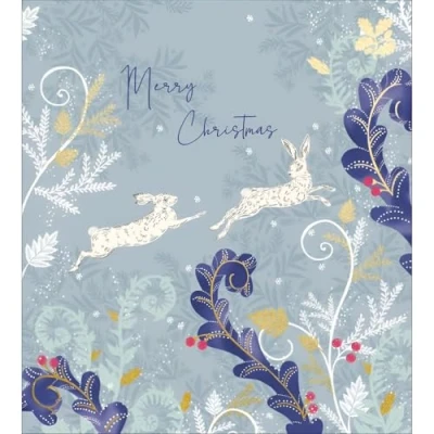 Image of Charity Christmas Cards Pack of 5 Sold in Aid the National Trust Special Finish Artistic Wintry Design Leaping Hares Made UK Eco Friendly