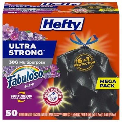 Image of Hefty Ultra Strong Multipurpose Large Trash Bags, Black, Fabuloso Scent, 30 Gallon, 50 Count