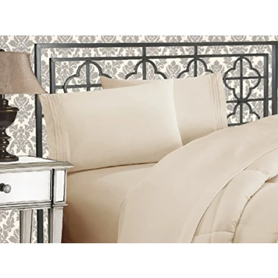 Image of Elegant Comfort Luxurious 1500 Premium Hotel Quality Microfiber Three Line Embroidered Softest 4 Piece Bed Sheet Set, Wrinkle and Fade Resistant, King, Cream