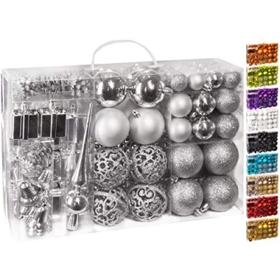 Image of BRUBAKER 101 Pack Assorted Christmas Ball Ornaments Shatterproof Baubles with Tree Topper Designed in Germany Silver