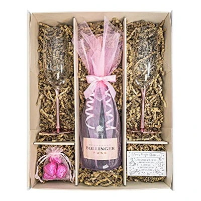 Image of Bollinger Rosé Champagne 75cl Gift Set With 2 Metallic Rose Flutes, Belgian Chocolates and Box For Women Pink Fizz Lovers (Rosé Stems)