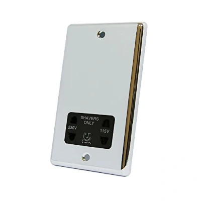 Image of AET CPCSHABL Polished Chrome Classical Black Insert 2 Gang Dual Voltage 115V/230V Shaver Socket