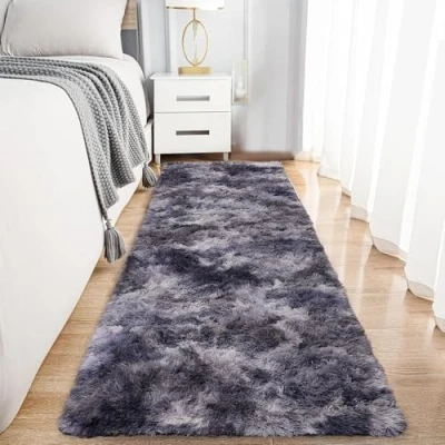 Image of Hafaa Rugs Living Room Fluffy Shaggy Area for Bedroom, Hallway Runner Anti Slip Modern Dark Grey Super Soft Plush Carpet Non Shedding Easy To Clean Rug (Tye Dye Grey, 80cm x 300cm)