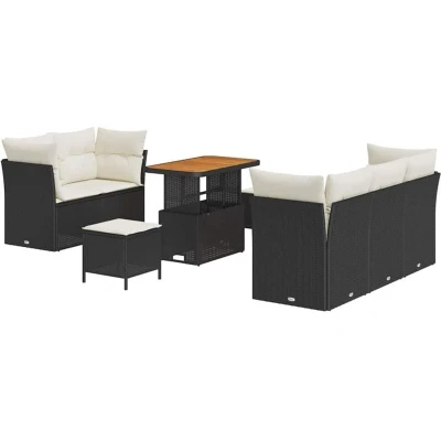 Image of vidaXL 8 Piece Garden Sofa Set with Cushions Black Poly Rattan Acacia