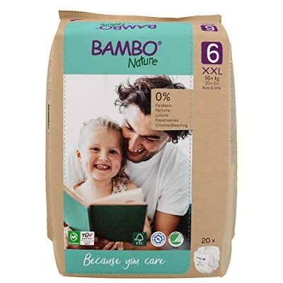 Image of Bambo Nature Premium Eco Nappies, Labelled Sustainable Enhanced Leakage Protection, Secure &amp; Comfortable Baby Size 6 Nappies (35+ lb/16+ kg), XXL, 20PK