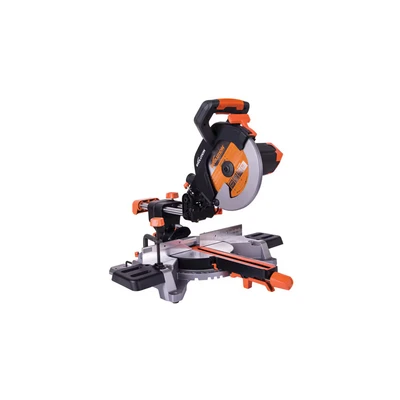 Image of Evolution Power Tools R255SMS+ Compound Mitre Saw with Multi Material Cutting Blade, Chop Wood Metal Plastic, 45 Bevel, 50 Angle, 300mm Slide, 2000 W, 255 mm, 220 240 V
