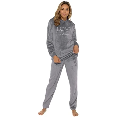 Image of KATE MORGAN Womens Pyjamas Warm Fleece for Women Sets Pjs S XL Soft Twosie Pyjama Set Ladies Gifts Her Charcoal Hooded