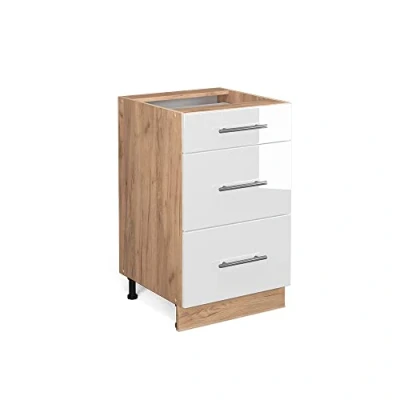 Image of Vicco Kitchen base cabinet Fame Line, White High Gloss/Gold power oak, 50 cm without worktop
