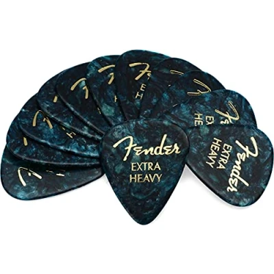 Image of Fender® 351 Shape Classic Picks Celluloid Shape: Pack of 12 Thickness: X Heavy Colour: Ocean Moto