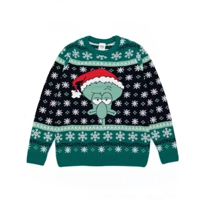Image of SPONGEBOB SQUAREPANTS Mens Christmas Jumper in Green Squidward Cartoon Long Sleeve Knitted Sweater for Adults Sponge Bob Festive Xmas Holiday Pullover Knit Merchandise Gift Him