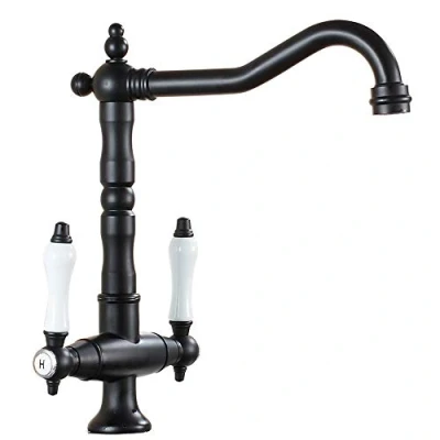 Image of Kitchen Sink Mixer tap Black Swivel spout Brass Basin Double Handle Cold and hot Water bristain Faucet with UK Standard Fittings