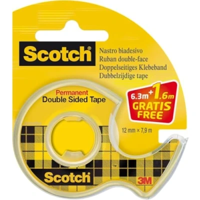 Image of Scotch Double Sided Tape, 1 Roll on Handheld Dispenser + 25% Extra FREE, 12 mm x 7.88 m Clear Sticky Strong, Long Lasting, and Photo Safe