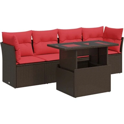 Image of vidaXL 5 Piece Garden Sofa Set with Cushions Brown Poly Rattan Acacia