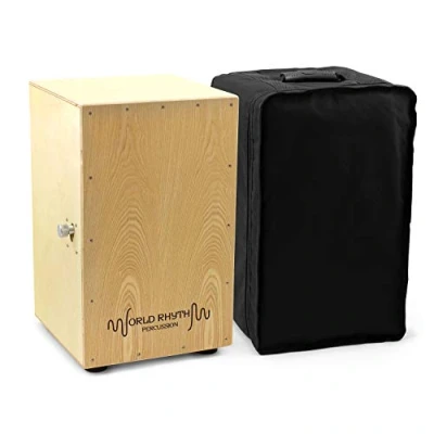 Image of World Rhythm CAJ2 NT Cajon Full Size Cahon Box Drum with Adjustable Snare, Padded Gig Bag and Cushion Natural