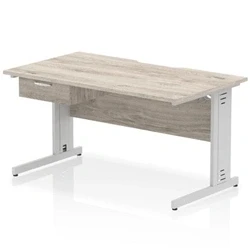 Image of Impulse 1400 x 800mm Scalloped Edge Office Desk Grey Oak Top Silver Cable Managed Leg Workstation 1 Drawer Fixed Pedestal