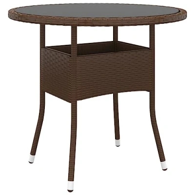 Image of vidaXL Garden Table Round, Tempered Glass Top, Poly Rattan, Powder Coated Steel Frame Ø80x75 cm Brown