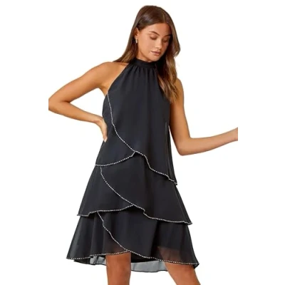 Image of Roman Originals Chiffon Dress for Women UK Ladies Swing Layered Frilled Tiered Mini Short Length 20s Special Occasion Event Cocktail Party Evening Going Out Black Shimmer Size 20