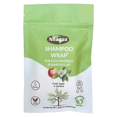 Image of Nilaqua NO Rinse Shampoo Wrap_the World&#039;s First Biodegradable Free Cap 100% Bamboo Waterless Hair Wash for Elderly Pleasant Fragrance Fresh Apple &amp; Jasmine 1 Pack
