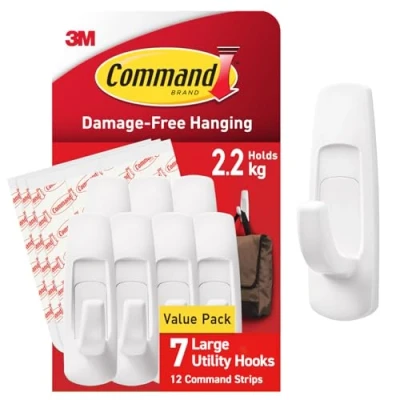 Image of Command Large Utility Hook, Pack of 7 Hooks and 12 Adhesive Strips, White Damage Free Hanging Holds up to 2.2kg