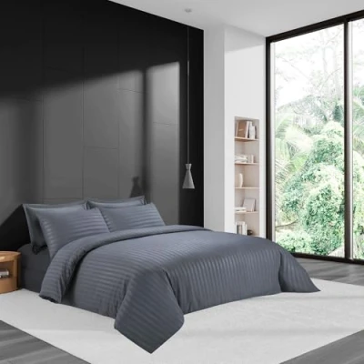 Image of LYMA Bedding Duvet Cover Set Single Stripes Embossed, OEKO TEX Certified, Ultra Soft NanoPlush Double Brushed Quick Dry &amp; Button Closure, Wrinkle Fade Resistant Quilt with Pillowcase (Dark Grey)
