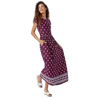 Image of Roman Originals Maxi Dress with Pockets for Women UK Ladies Stretchy Jersey Midi Elasticated Gathered High Waist Skater Swing Fit Flare Office Work Smart Casual Boho Wine Size 16