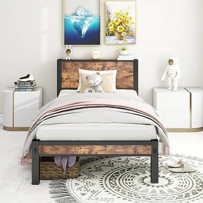 Image of Diahomy Single Bed Frame with Wood Storage Headboard, Metal Platform Storage/Mattress Base/Underbed Storage/No Box Spring Needed/Brown