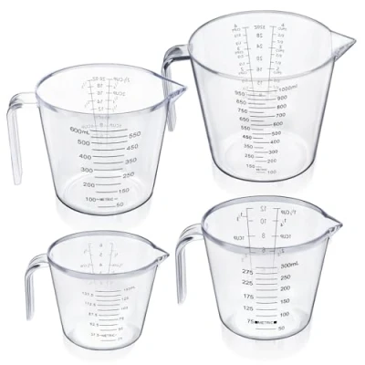 Image of Measuring Jug Set of 4 for Kitchen, Lychico BPA Free Liquid Nesting Stackable Cups with Spout and Handle, Plastic Jugs 150ML / 300ML 600ML 1000ML Ml Oz Cup Measurement