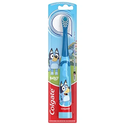 Image of Colgate Kids Battery Powered Toothbrush, Toothbrush with Included AA Battery, Extra Soft Bristles, Flat Laying Handle to Prevent Rolling, Bluey 1 Pack