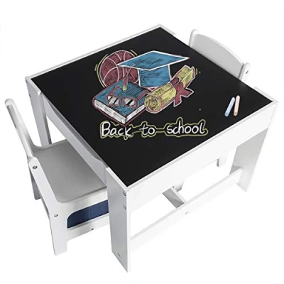 Image of EUGAD Children Table and Chair Set Desk with 2 Chairs Stools for Preschoolers Boys Girls Activity Grey Wooden