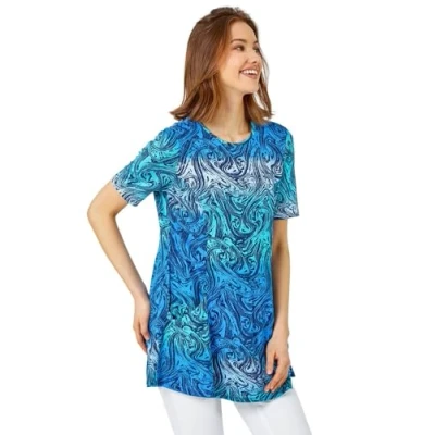 Image of Roman Womens Swirl Print Stretch Pocket Tunic Top Blue Size 12 UK