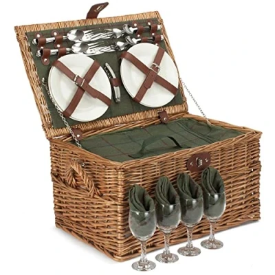 Image of Red Hamper FH138 Wicker Four Person Green Tweed Chest Picnic Basket