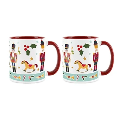 Image of Nutcracker Suite Christmas Mugs Set of 2 White and Red Festive Holly Leaf Tea/Coffee Gift Present