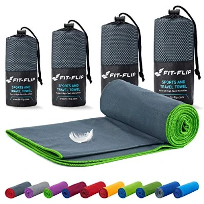 Image of Fit Flip Camping towel ultra lightweight &amp; compact microfibre quick dry sports for gym the perfect beach, travel swim (40x80cm dark grey green edge)