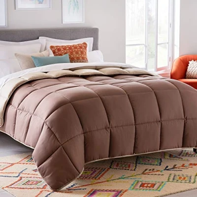 Image of Linenspa All Season Reversible Down Alternative Quilted Comforter Corner Duvet Tabs Hypoallergenic Plush Microfiber Fill Box Stitched Machine Washable Sand/Mocha Twin