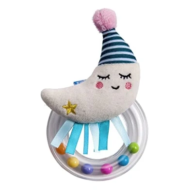 Image of Taf Toys Mini Moon Newborn Baby Rattle. Soft Plush Toddler Sensory Ring Rattle with Ribbons. Easy to Grab. Colourful Beads. Suitable for Boys &amp; Girls from Birth