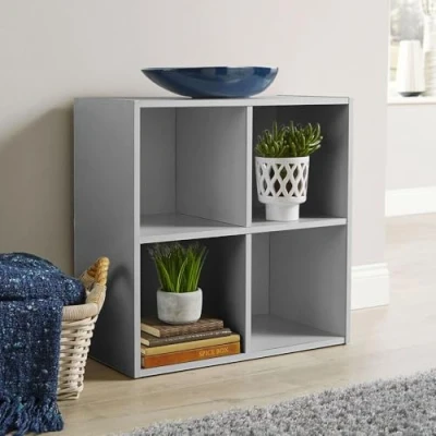 Image of Home Source Storage Cube 4 Shelf Bookcase Wooden Display Unit, Grey, 60cm