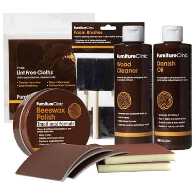 Image of Ultimate Wood Maintenance Kit Used to Clean, Oil &amp; Wax All Items of Such as Furniture, Worktops Doors. Contains 250ml Cleaner, Beeswax, Danish Oil.