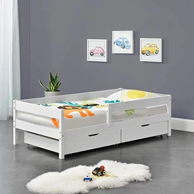 Image of [en.casa] Children&#039;s bed Borgarnes with safety sides and drawers 90x200 cm youth rails up to 100 kg slatted frame pine wood White