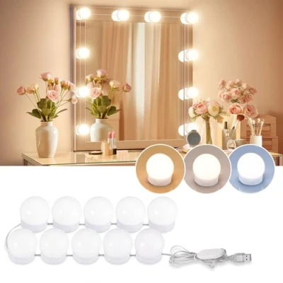 Image of LED Consciot Hollywood Style Vanity Lights with 10 Dimmable Bulbs, Adjustable Color &amp; Brightness, USB Light Kit, Mirror Stick On for Makeup Table Bathroom
