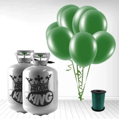 Image of Disposable Helium Gas Cylinder with 30 Balloons and Curling Ribbon included (Forest Green, Pack of 2)