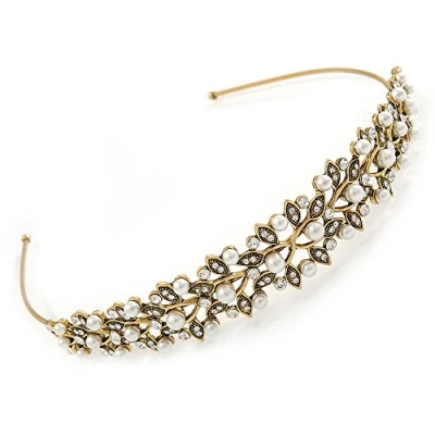 Image of Avalaya Vintage Inspired Bridal/Wedding/Prom Antique Gold Tone Clear Crystal, White Glass Pearl Leafy Tiara Headband